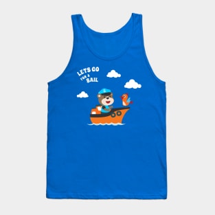 Cute bear the animal sailor on the boat with cartoon style Tank Top